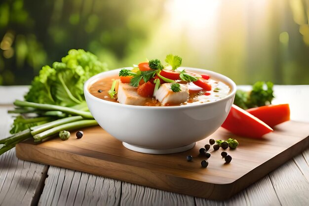 A bowl of soup with vegetables on a table