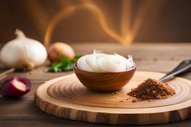 A bowl of sour cream sits on a wooden cutting board with a pile of garlic and a pile of garlic.