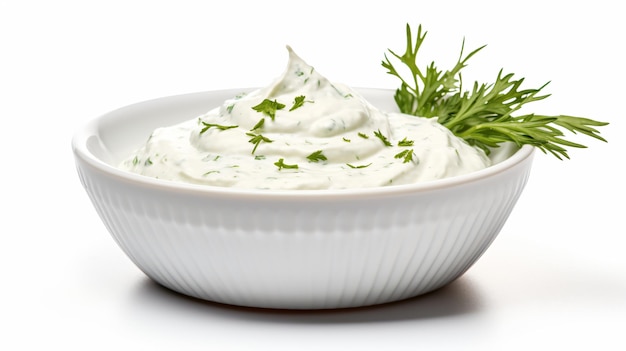 a bowl of sour cream with a sprig of parsley