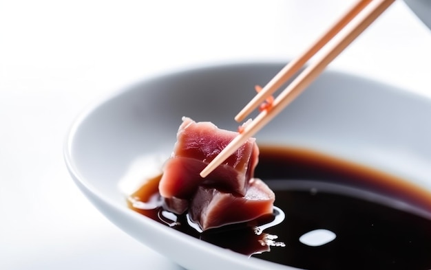 A bowl of soy sauce with a piece of meat being held up with chopsticks.