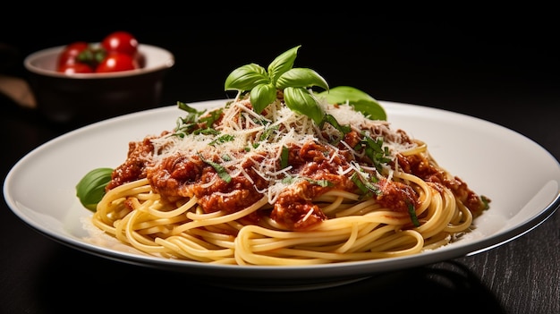 A bowl of spaghetti adorned with a rich tomato and basil sauce topped with grated parmesan cheese