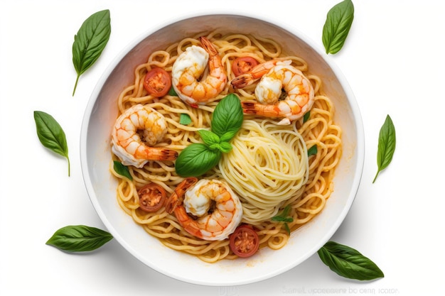 Bowl of spaghetti and fried prawns top view isolated on white