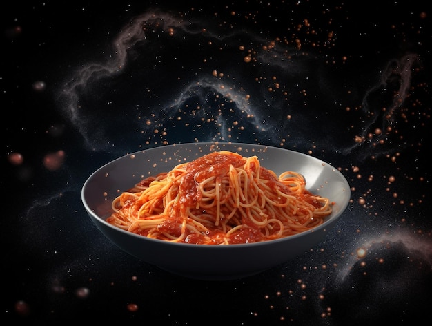 黒の背景にイタリアのパスタと煙のソースに分離されたスパゲッティのボウル
