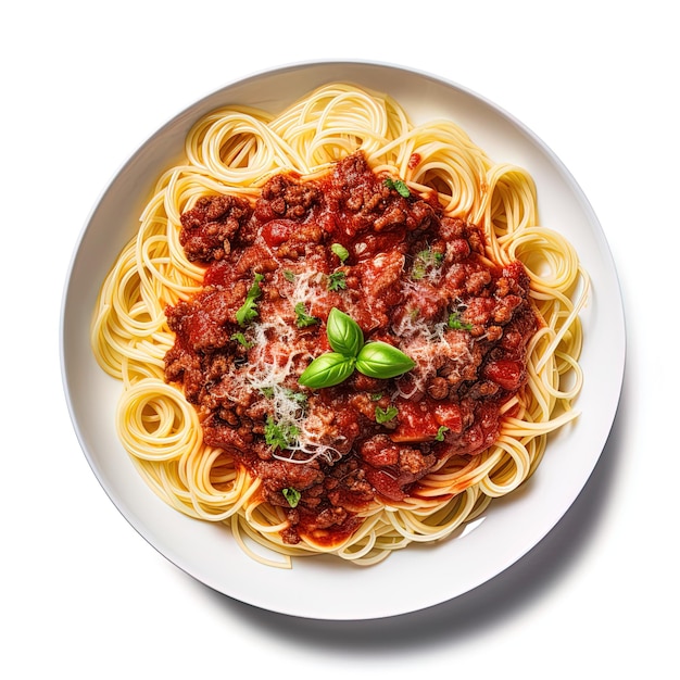 Foto una ciotola di spaghetti e carne con salsa di pomodoro e formaggio.