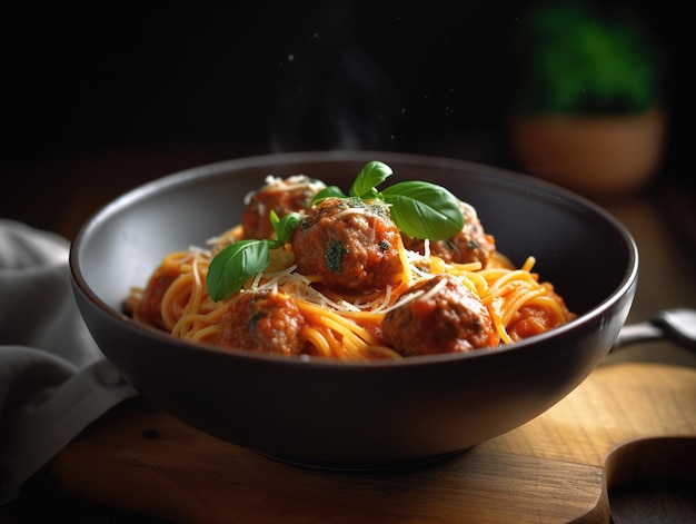 A bowl of spaghetti and meatballs with basil leaves.