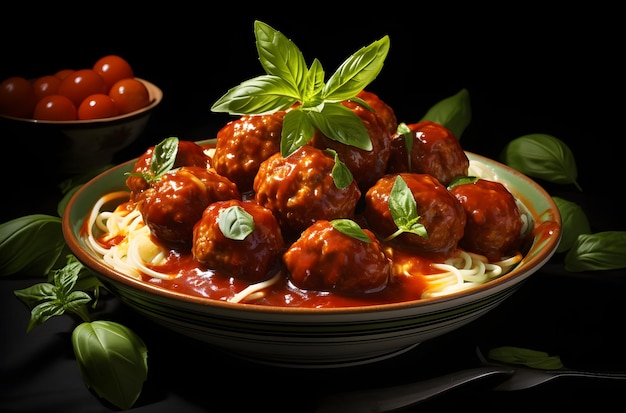 Photo a bowl of spaghetti and meatballs with sauce and basil generative ai