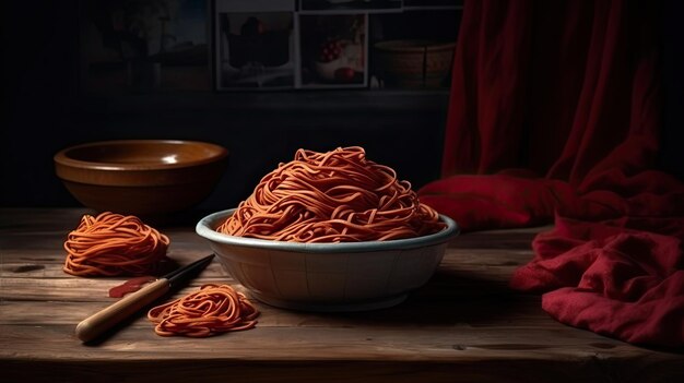 Foto una ciotola di spaghetti si trova su un tavolo accanto a un panno rosso.