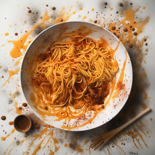 Bowl of spaghetti spattered on the table Overhead view