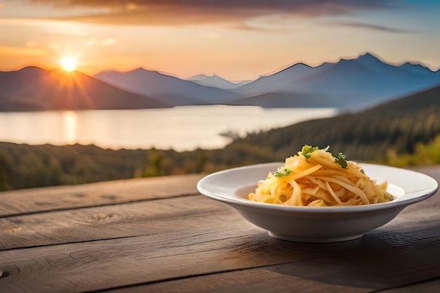 Photo a bowl of spaghetti on a table with a sunset in the background