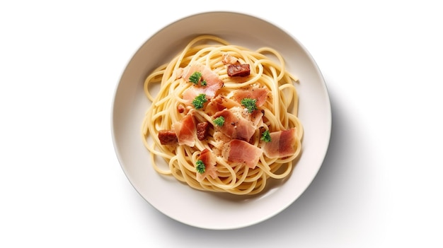 A bowl of spaghetti with bacon on it