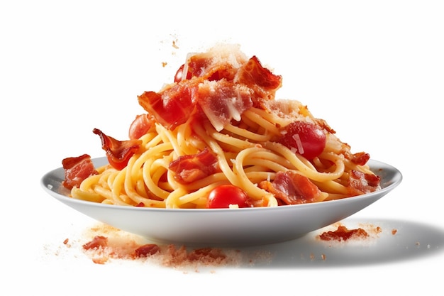 A bowl of spaghetti with bacon on it