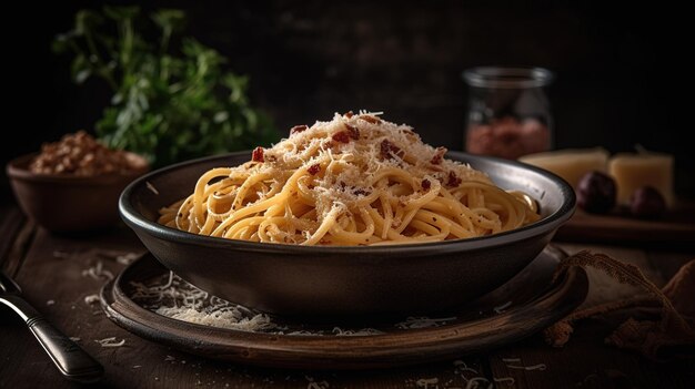 A bowl of spaghetti with bacon on top