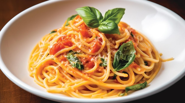 A bowl of spaghetti with a basil leaf on top