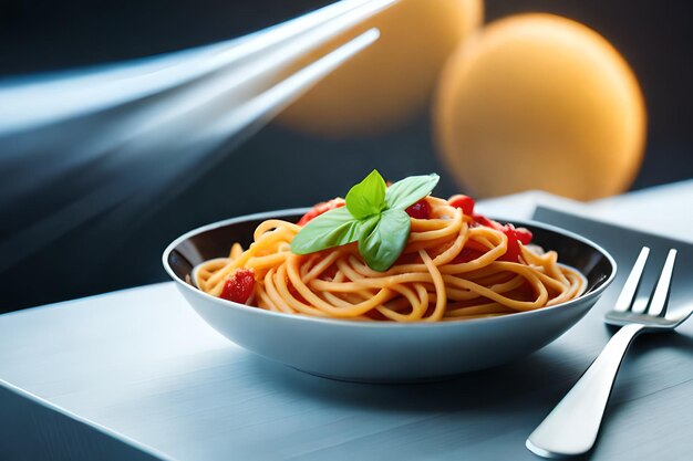 A bowl of spaghetti with basil leaves on a table
