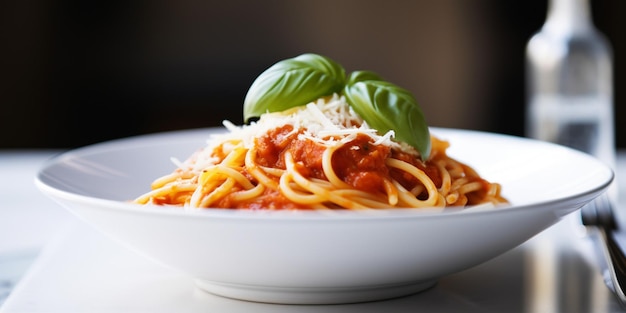 A bowl of spaghetti with basil leaves on top