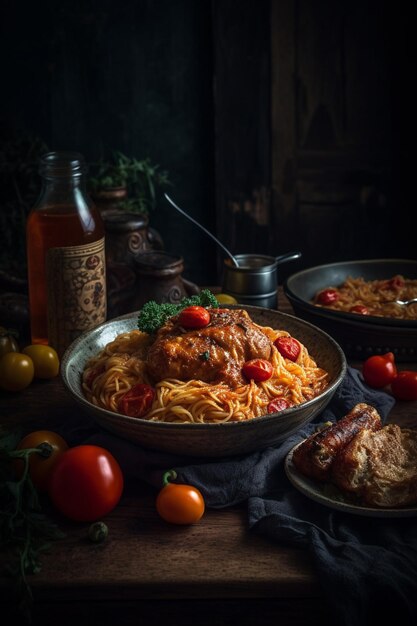 A bowl of spaghetti with chicken on it