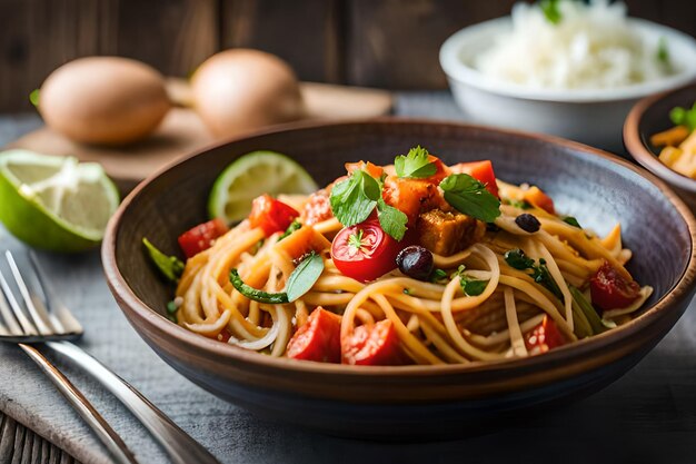 A bowl of spaghetti with chicken and vegetables on a table