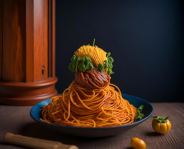 A bowl of spaghetti with a face on top of it