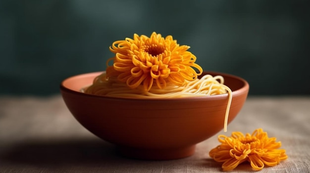 A bowl of spaghetti with a flower on it