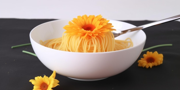 A bowl of spaghetti with a flower on it