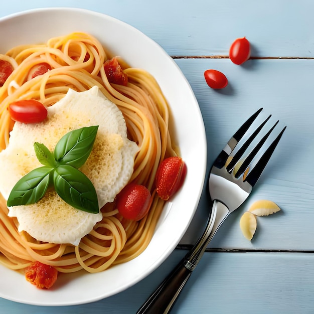 A bowl of spaghetti with a fork and basil leaves on it.