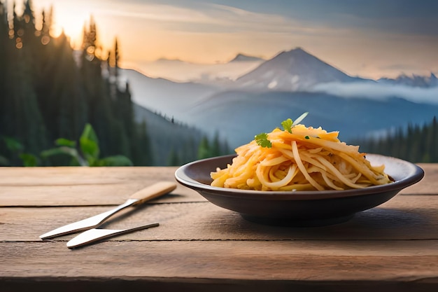 Photo a bowl of spaghetti with a fork and a mountain in the background