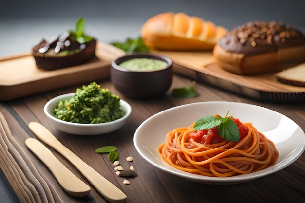 A bowl of spaghetti with a green pesto on the side.