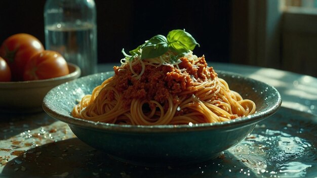 a bowl of spaghetti with meat and cheese on it