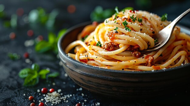 Photo a bowl of spaghetti with meat and parsley