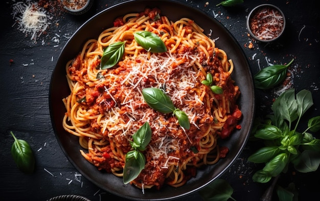 Миска спагетти с мясным соусом и листьями базилика на черном столе.