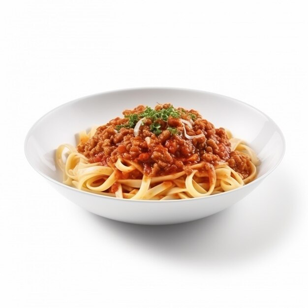 Foto una ciotola di spaghetti con sugo di carne e prezzemolo in cima