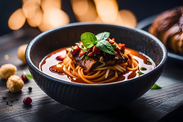 a bowl of spaghetti with meat and vegetables on a table.