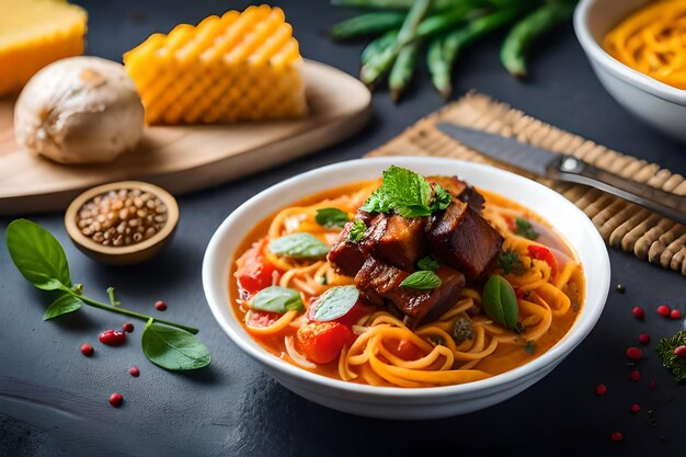 a bowl of spaghetti with meat and vegetables on a table.