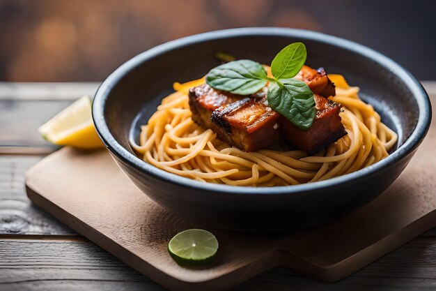 A bowl of spaghetti with meat and vegetables