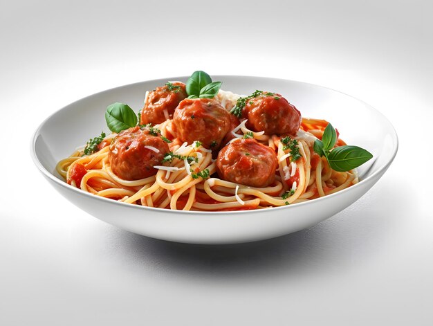 A bowl of spaghetti with meatballs and basil leaves.