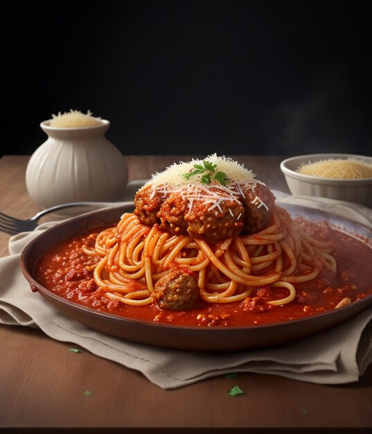 a bowl of spaghetti with meatballs and cheese on top of it.