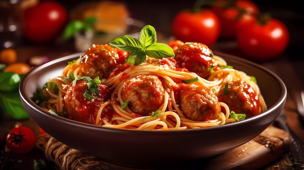 A bowl of spaghetti with meatballs on it