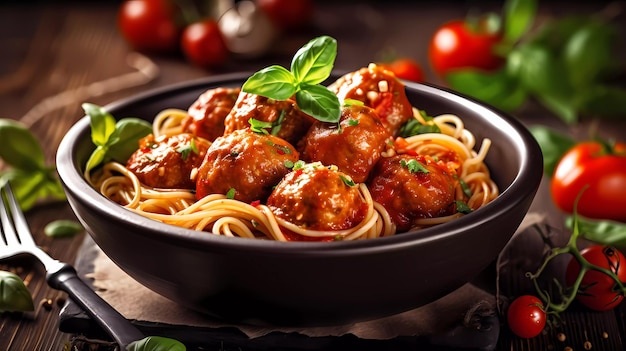 A bowl of spaghetti with meatballs and tomato sauce