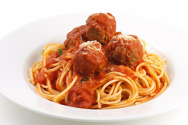 A bowl of spaghetti with meatballs on top