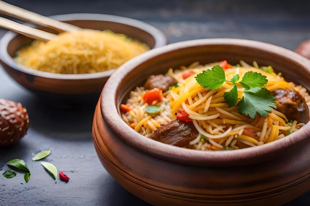 A bowl of spaghetti with noodles and vegetables