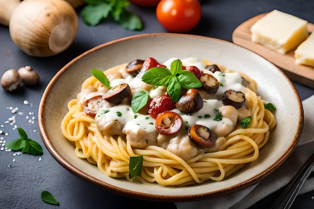 A bowl of spaghetti with olives and tomatoes on a table