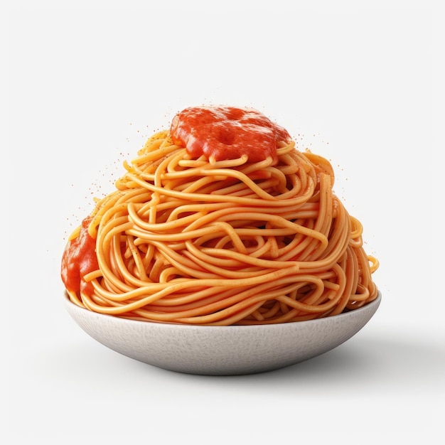 A bowl of spaghetti with a red tomato on top.