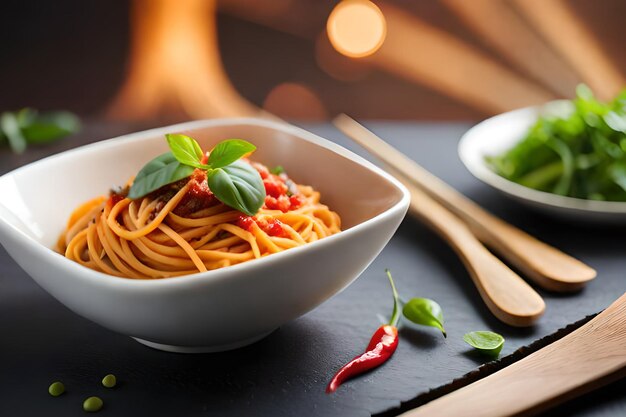 A bowl of spaghetti with a sauce on top and a plate of green vegetables on the side.