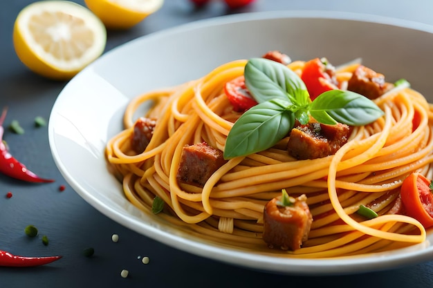 A bowl of spaghetti with sausage and basil on the side