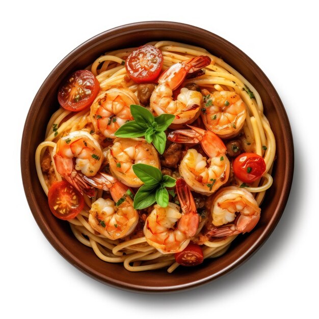 A bowl of spaghetti with shrimp and basil