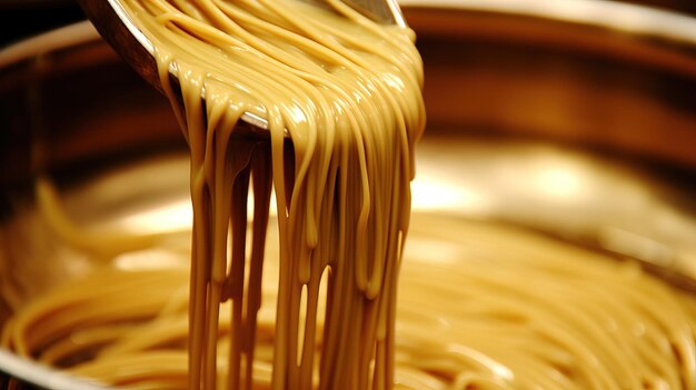 a bowl of spaghetti with a spoon in it that has sauce on it