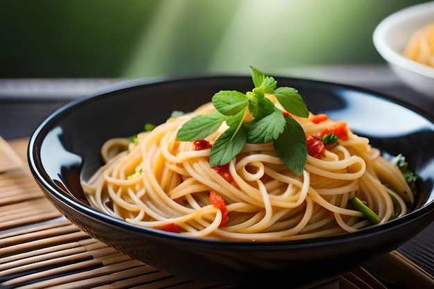 A bowl of spaghetti with a sprig of basil on top