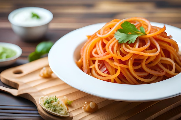 A bowl of spaghetti with a sprig of olive oil on top.