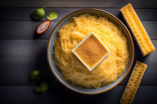 A bowl of spaghetti with a square of lemon on the side.