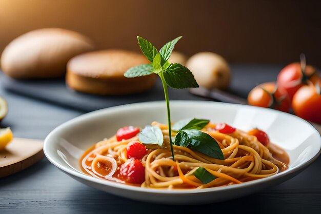 A bowl of spaghetti with a strawberries on top of it